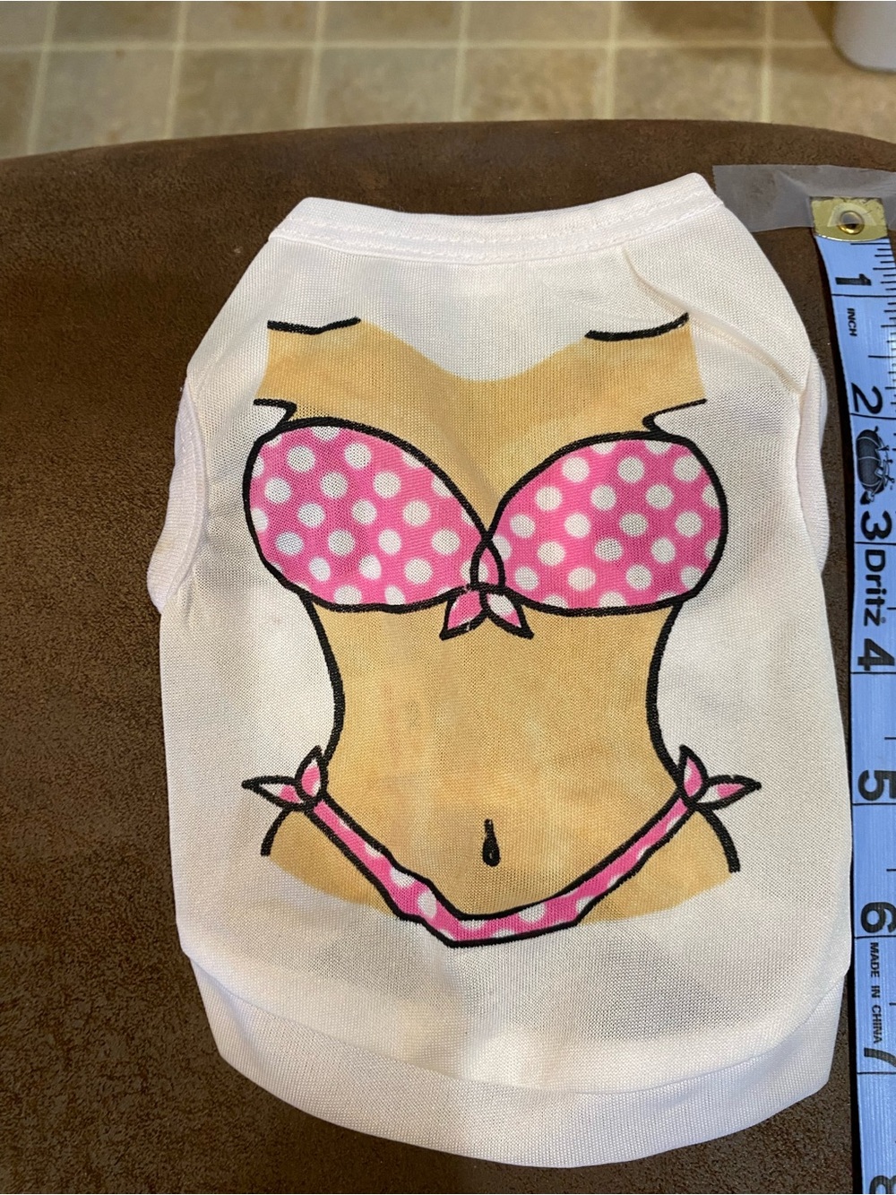White Dog Tank Top with Pink Polka Dot Bikini Print